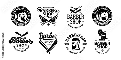 Barber shop badges, labels, emblems set. Barbershop logo template collection. Vector vintage illustration.