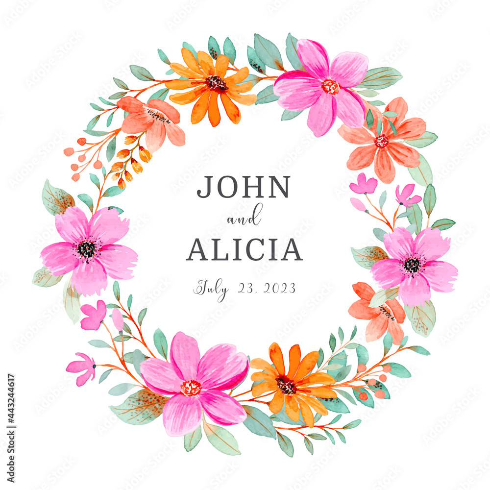 Pink orange floral wreath with watercolor