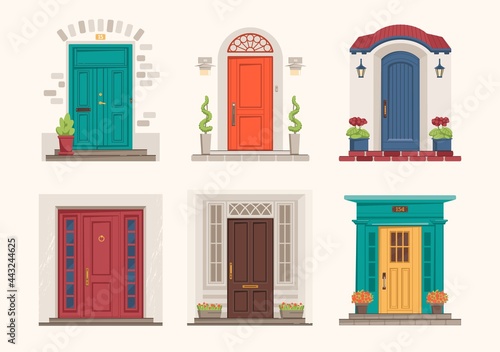 House doors. Cartoon front entrance. Exterior wall doorsteps with porches. Outside cottage doorways collection. Residential building facade templates. Vector architectural elements set