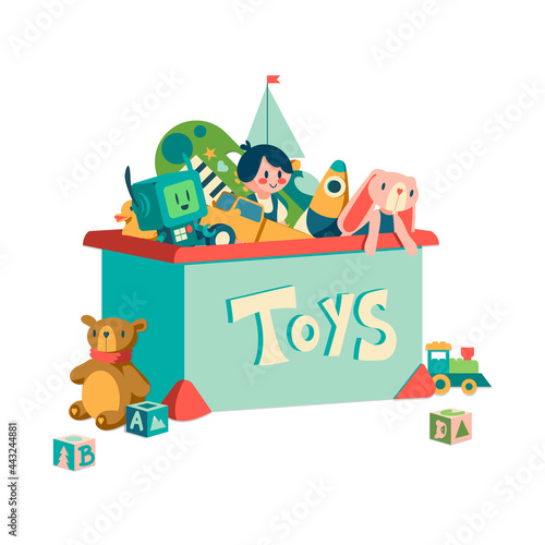 Toy box. Cartoon container with kids transport and plush animals. Doll or robot for infant play and education. Storage of children rocket or musical instrument. Vector orphanage gift box