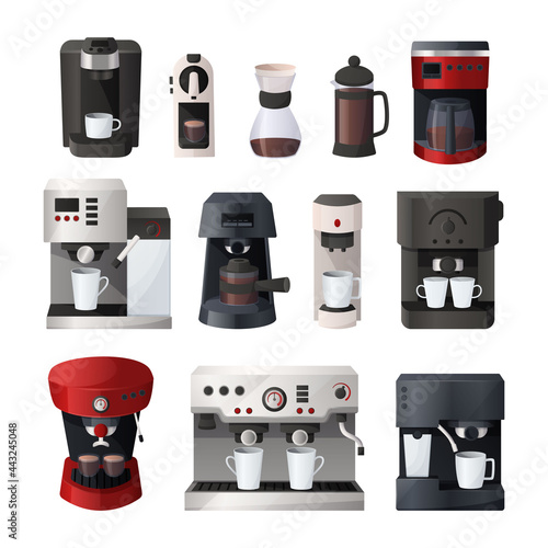 Coffee maker. Cartoon espresso machine and filtered glasses. Morning drink preparing process. Kitchen appliance for brewing caffeine beverages at home or in cafe. Vector isolated set