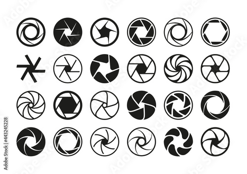 Camera aperture. Lens diaphragm photography icon. Focus or shutter circle logo. Digital film photographic equipment. Minimal black and white round sign. Vector photo studio symbols set