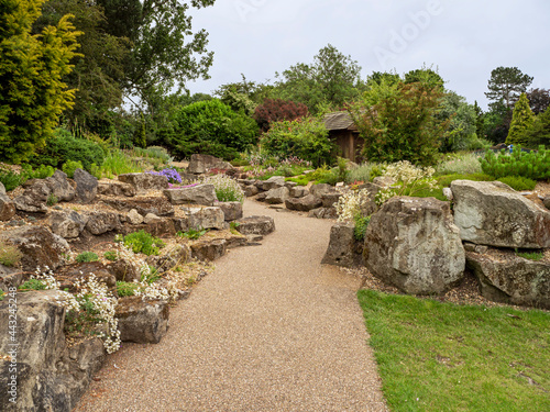 Path through a rock garden with plants and trees