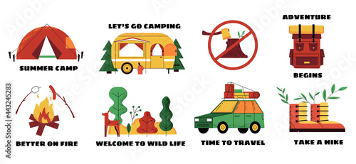 Camp adventure. Doodle emblems and logos with caravan and campfire, camping tent or backpack. Car for nature travel. Hiking boots. Tourist signs collection. Vector cartoon badges set