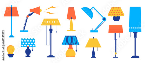 Interior lamp. Cartoon light decorative elements. Table and floor lighting. Modern or retro lampshades. Isolated furniture. Electric torcheres collection. Vector room illumination set