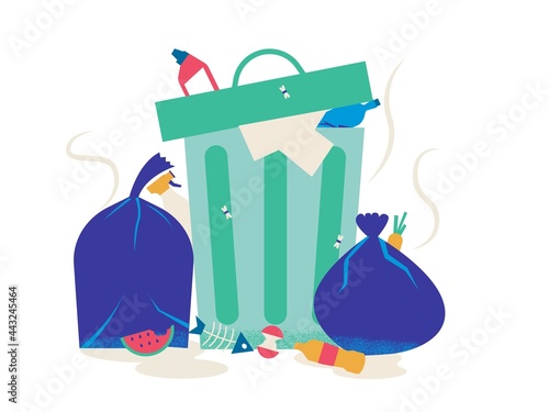 Unsorted trash. Cartoon metal container with garbage. Overflowing dumpster and rubbish bag. Piles of plastic and paper waste. Stinking dump. Littered dirty city. Vector illustration
