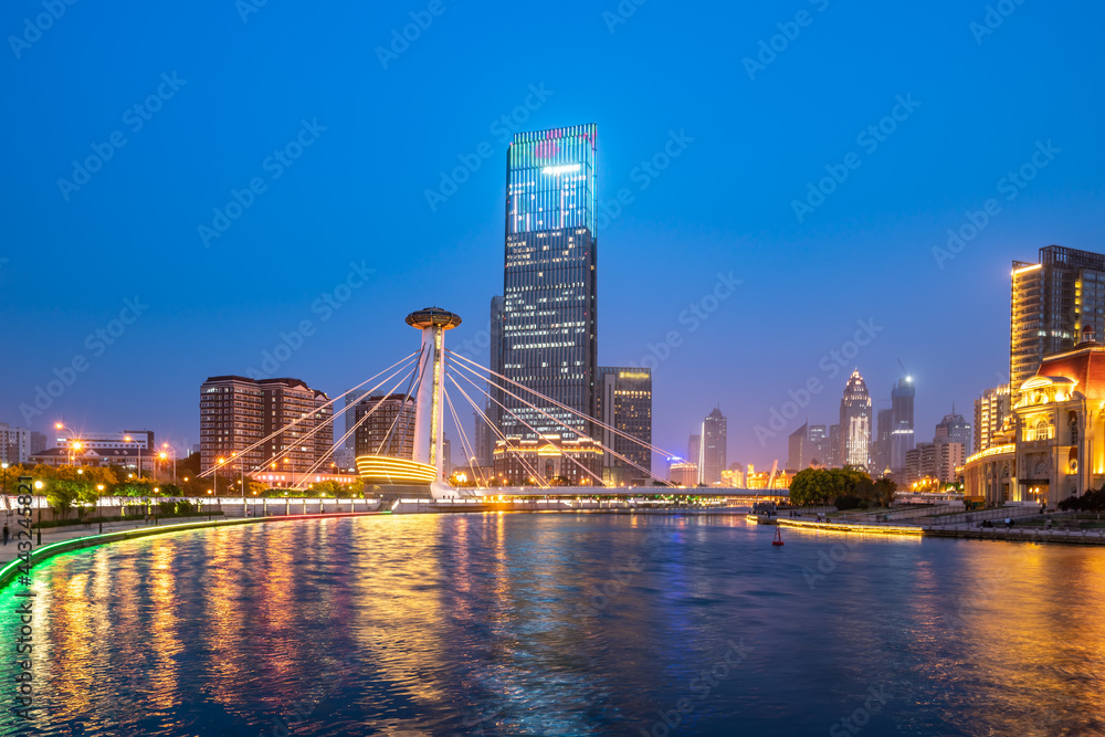 Night view of urban architecture landscape in Tianjin, China