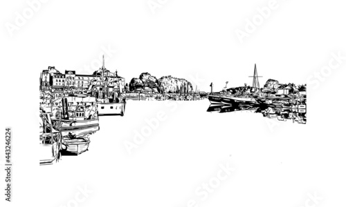 Building view with landmark of Honfleur is the 
commune in France. Hand drawn sketch illustration in vector.