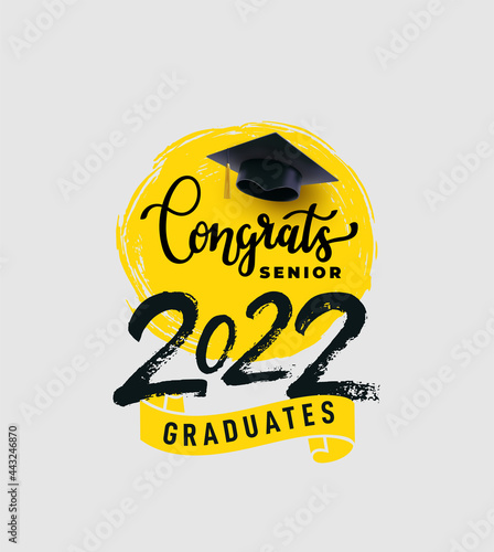 Class of 2022, you did it! Hand drawn brush black stripe and number with education realistic academic cap. Vector template for graduation party design, high school, college congratulation graduate.
