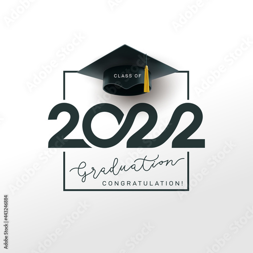 Class of 2022. Stylized inscription with the year and the realistic graduate's cap. Design for graduation themed template, simple style. Vector illustration. Isolated on white background.