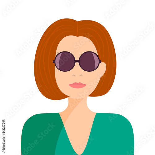 Young woman with red short hair in sunglasses and green top. Colorful flat stock vector illustration.