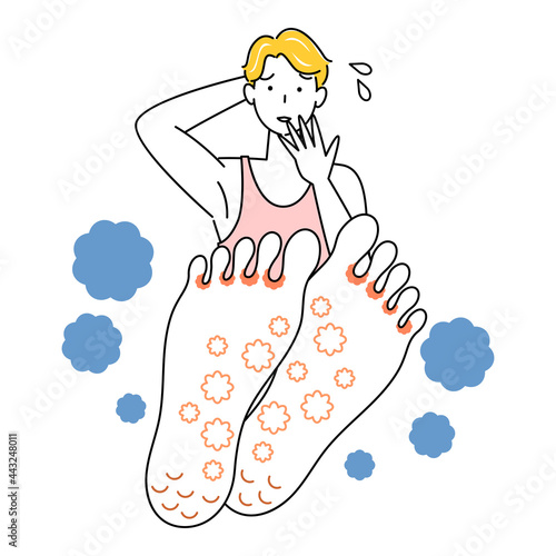 スキンケア 足が水虫になってしまい悲しんでいる可愛い男性 足裏のアップ イラスト ベクター