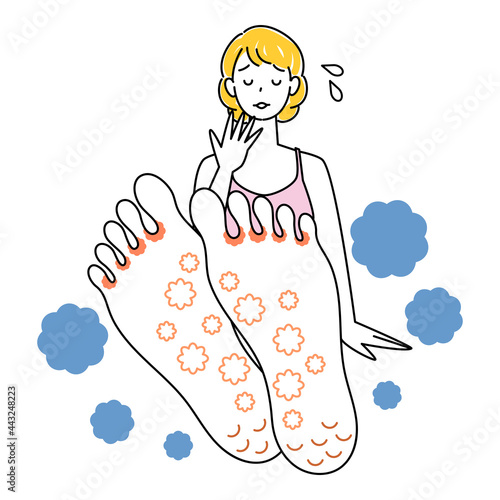 スキンケア 足が水虫になってしまい悲しんでいる可愛い女性 足裏のアップ イラスト ベクター