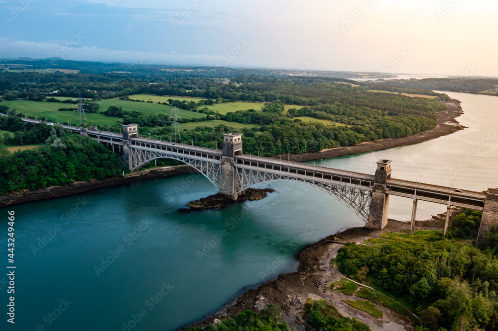 Aerial Vew Of Britannia Bridge carries road and railway across the Menai Straits between, Snowdonia and Anglesey. Wales, United Kingdom