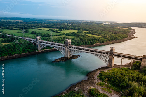 Aerial Vew Of Britannia Bridge carries road and railway across the Menai Straits between, Snowdonia and Anglesey. Wales, United Kingdom