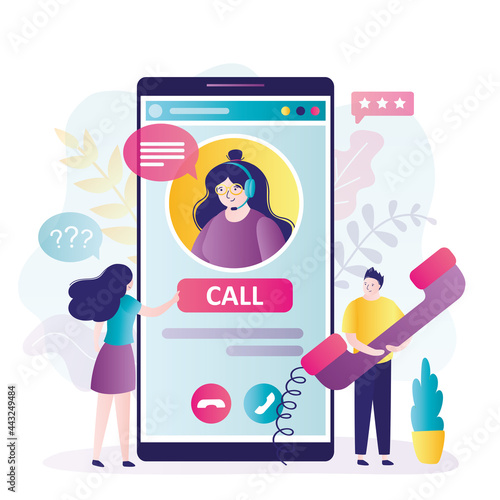 Clients communicate on various issues with operator. Consultant in headphones on smartphone screen