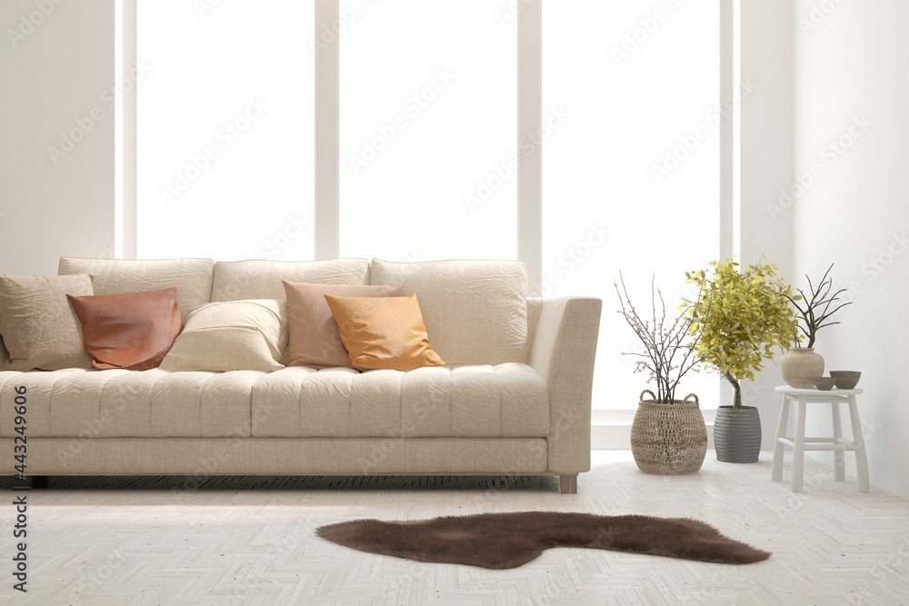 Fototapeta premium White living room with sofa. Scandinavian interior design. 3D illustration