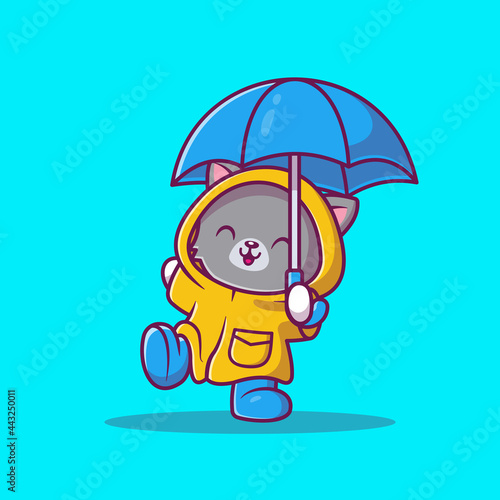 Cute Cat With Raincoat and Umbrella Cartoon Vector Icon Illustration. Animal Icon Concept Isolated Premium Vector. Flat Cartoon Style
