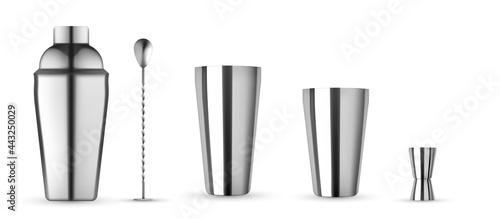 Bar kit set, Bottle For Cocktail mockup. Realistic mockup isolated. Cocktail shaker, hawthorne strainer, stirrer, metak muddler and jigger.