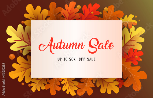 Autumn background with leaves golden yellow with square frames  and discounted letters. fall concept For wallpaper  postcards  greeting cards  website pages  banners  online sales. Vector illustration