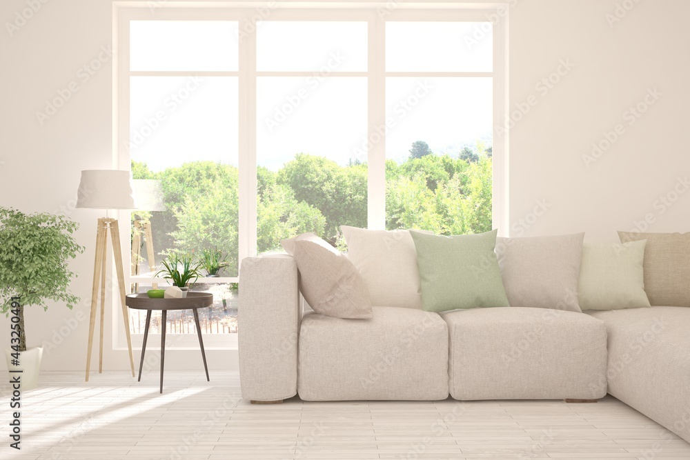 White living room with sofa and summer landscape in window. Scandinavian interior design. 3D illustration White living room with sofa and summer landscape in window. Scandinavian interior design. 3D illustration