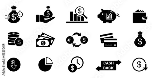 Business and Finance icons. Money sign. Bank card illustration. Dollar collection. Financial management flat icons, vector flat design photo