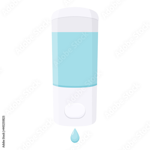 Hand wash. Hand sanitizer. Alcohol-based hand rub. Rubbing alcohol. Wall mounted soap dispenser. Wall hanging hand wash container. Protection from germs such as coronavirus, icon flat design