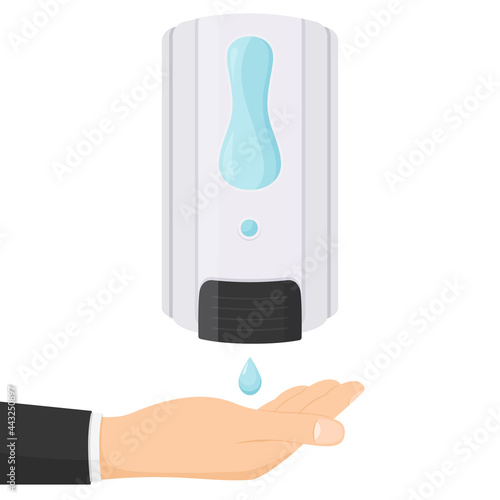 Hand wash. Hand sanitizer. Alcohol-based hand rub. Rubbing alcohol. Wall mounted soap dispenser. Wall hanging hand wash container. Protection from germs such as coronavirus, icon flat design