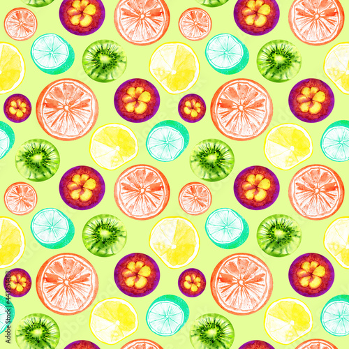 Round tropical fruits seamless watercolor pattern. Summer colorful print with citruses, mangosteen, kiwi, lemon, lime and orange on a bright green background. 