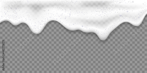 Bath foam or Beer foam realistic 3D vector illustration, isolated on transparent background. White soap suds with rainbow air bubbles, shampoo bubbles or foaming detergent texture.