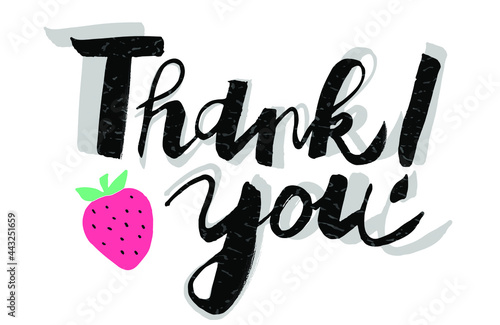 Vector inscription of the word "Thank you", juicy, bright, friendly style. The illustration in vector format is drawn manually. For a website, stickers, postcards, signage, gifts. EPS 10