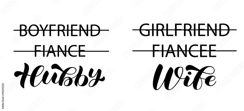 Fototapeta premium Hubby, Wife brush lettering. Couple shirt wedding design. Isolated vector stock illustration