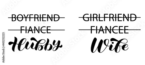 Hubby, Wife brush lettering. Couple shirt wedding design. Isolated vector stock illustration