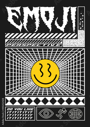 Abstract emoji poster. Rave Style, Perspective, Text Design. Isolated on dark gray background.