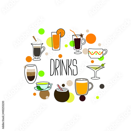 Handdrawn set of different drinks wth lettering "DRINKS"