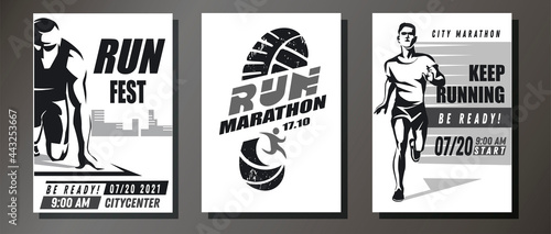 monochrome running symbols set, collection of sport and competition posters template