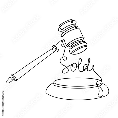 Judge gavel one line art icon. Auction sale Logo. Outline silhouette hammer. Contour illustration Isolated on white background. Vector linear pictogram sold.