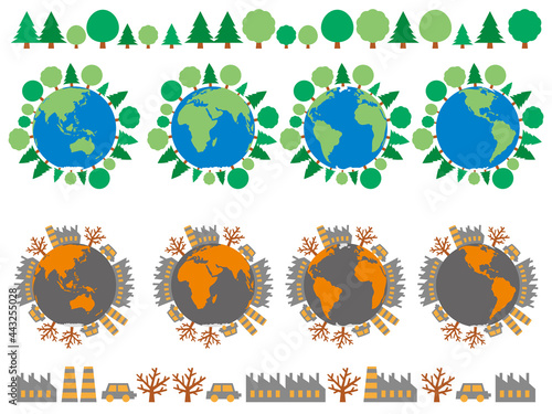 木が生えている地球と汚れている地球のイラストセット 環境保護と環境汚染のイメージ