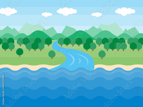 山から川が海に流れるまでの自然環境の背景イラスト きれいな環境のイメージ