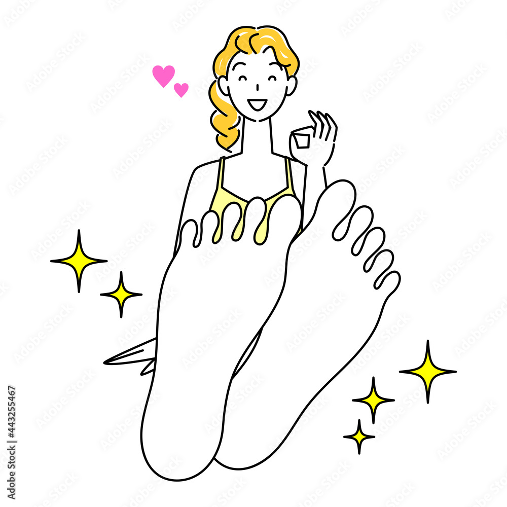 スキンケア 足の裏のお肌トラブルが治り喜んでいる可愛い女性 足裏のアップ イラスト ベクター Skin Care A Lovely Woman Who Is Happy To Be Cured Of Skin Problems On The Soles Of Her Feet Close Up Of The Sole Illustration Vector Stock