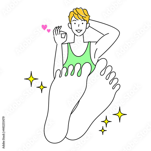 スキンケア 足の裏のお肌トラブルが治り喜んでいる可愛い男性 足裏のアップ イラスト ベクター