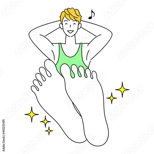 スキンケア 足の裏のお肌トラブルが治り喜んでいる可愛い男性 足裏のアップ イラスト ベクター