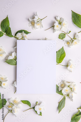 Composition Of Green Leaves And flowers of jasmine With A Blank Sheet For Text On A gray Paper Background. Natural Layout For Postcard. Flat Lay