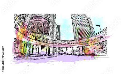 Building view with landmark of Houston is a large metropolis in Texas. Watercolor splash with hand drawn sketch illustration in vector.