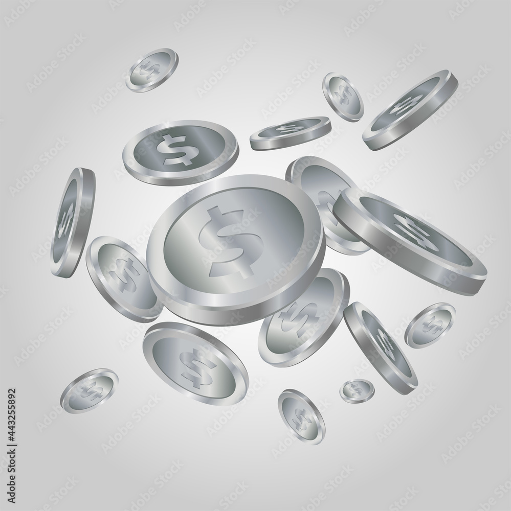 Realistic shiny silver coins explosion. Casino silver coin, falling money vector illustration concept Realistic shiny silver coins explosion. Casino silver coin, falling money vector illustration concept