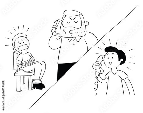 Cartoon man held hostage and ransom demanded by phone, vector illustration