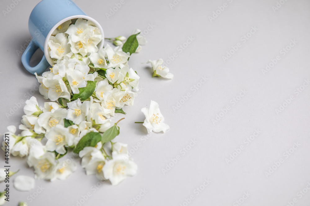 Floral composition on gray background with green leaves, flowers in cup flat lay Floral composition on gray background with green leaves, flowers in cup flat lay