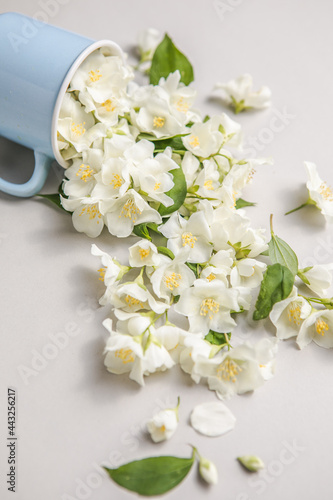 Floral composition on gray background with green leaves, flowers in cup flat lay