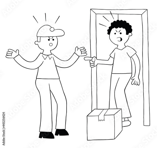 Cartoon courier brings parcel, discusses with customer, vector illustration