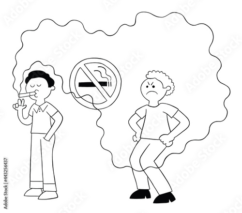 Cartoon man smokes in no smoking place and man behind is bothered by cigarette smoke, vector illustration